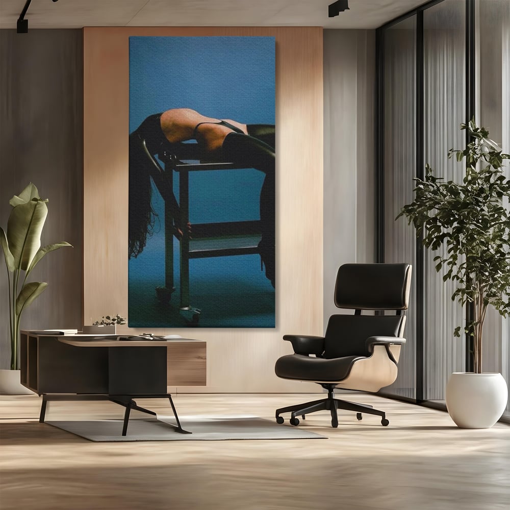 Tablou canvas cu tablou canvas cu silueta curbata pe masa, fara rama, pe sasiu de lemn, pe perete intr-un birou